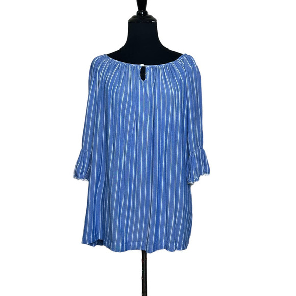 Blue white striped 3/4 bell sleeves tunic top size XL - Picture 1 of 11
